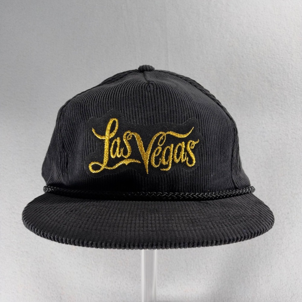 Vintage 90s Las Vegas Corduroy Rope Hat Black Gold Snapback Mohr's